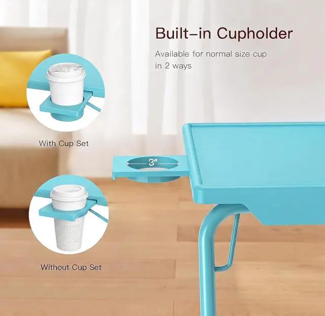 Alt view image 6 of 7 - Adjustable TV Tray Table - TV Dinner Tray with Cup Holder on Bed & Sofa, Comfortable Folding Table with 6 Height & 3 Tilt Angle Adjustments for Laptop (Azure)
