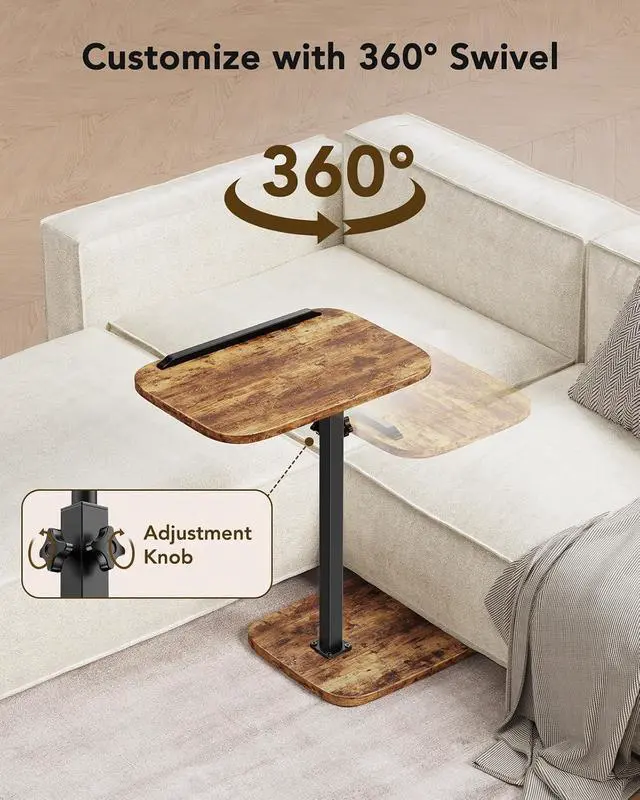 Alt view image 6 of 7 - TV Tray Table, Adjustable Height TV Tray with 360° Swivel & 90° Tilt Tabletop, TV Tables for Eating with Anti-Slip Bar, TV Tray for Bed, Sofa, Dining, Laptop, Living Room & Home Office