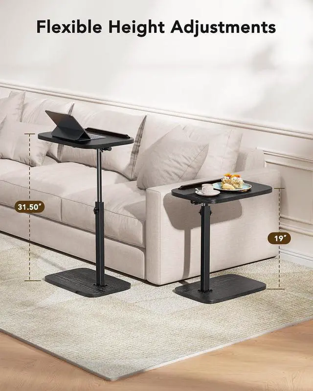 Alt view image 5 of 7 - TV Tray Table, Adjustable Height TV Tray with 360° Swivel & 90° Tilt, Sturdy Side Table with Anti-Slip Bar for Laptop, Eating, Space-Saving Side Table for Couch, Bedside, Living Room (Black)