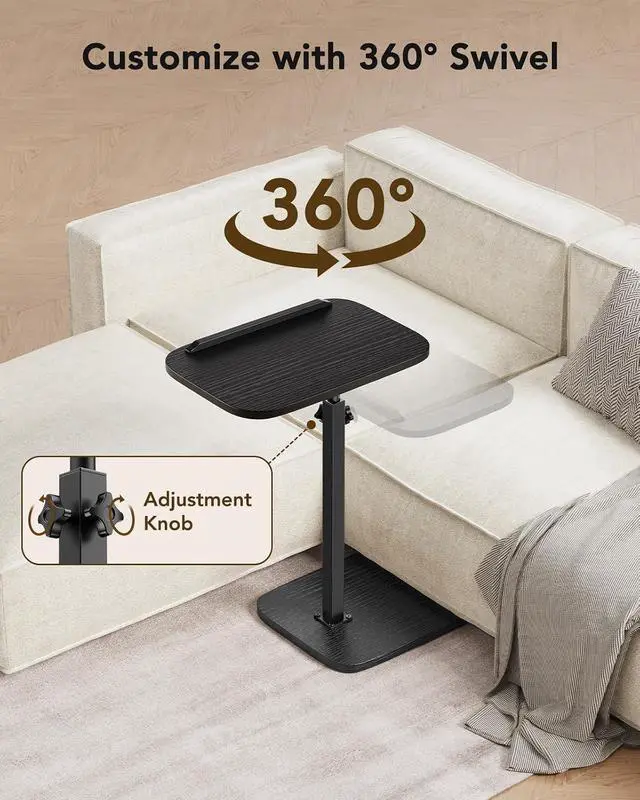 Alt view image 7 of 7 - TV Tray Table, Adjustable Height TV Tray with 360° Swivel & 90° Tilt, Sturdy Side Table with Anti-Slip Bar for Laptop, Eating, Space-Saving Side Table for Couch, Bedside, Living Room (Black)