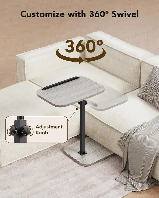 Alt view image 7 of 7 - TV Tray Table, Adjustable Height TV Tray with 360° Swivel & 90° Tilt, Sturdy Side Table with Anti-Slip Bar for Laptop, Eating, Space-Saving Side Table for Couch, Bedside, Living Room