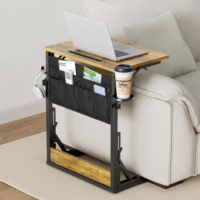 Alt view image 2 of 7 - Adjustable TV Tray Table Easy Assembly Folding Desk with Cup Holder, Storage Bag & Tablet Slot, Height Adjustable TV Tray for Bed, Couch & Living Room with Space-Saving Design