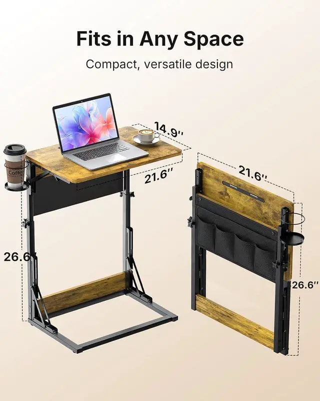 Alt view image 3 of 7 - Adjustable TV Tray Table Easy Assembly Folding Desk with Cup Holder, Storage Bag & Tablet Slot, Height Adjustable TV Tray for Bed, Couch & Living Room with Space-Saving Design