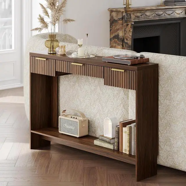 Main image of Console Sofa Table3 Drawer Entryway Table with Open Storage Shelf, Narrow Long Behind Couch Sofa Table for Living RoomBlack Walnut