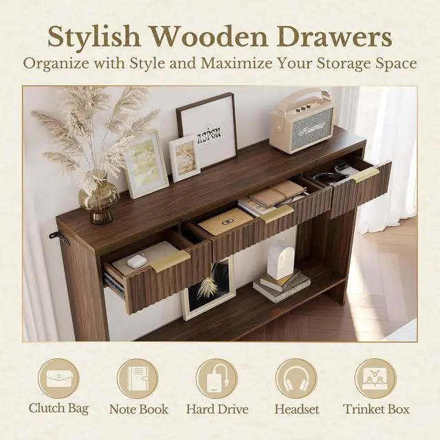 Alt view image 3 of 7 - Console Sofa Table3 Drawer Entryway Table with Open Storage Shelf, Narrow Long Behind Couch Sofa Table for Living RoomBlack Walnut