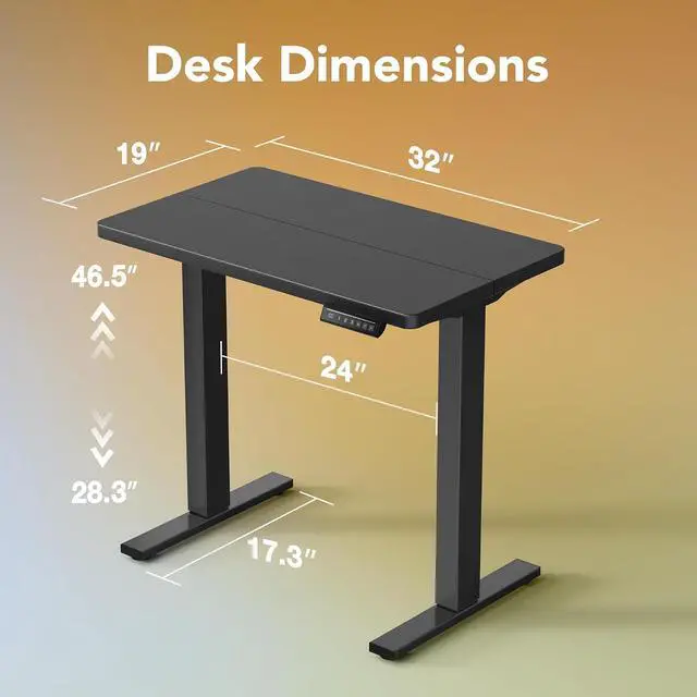 Alt view image 2 of 7 - 32x19 Inch Small Electric Standing Desk, Adjustable, Black | Compact Home Office Desk, 176lbs Heavy Duty Lifting with 4 Height Presets. M8 Screw Holes Ready for DIY Mobile Wheels