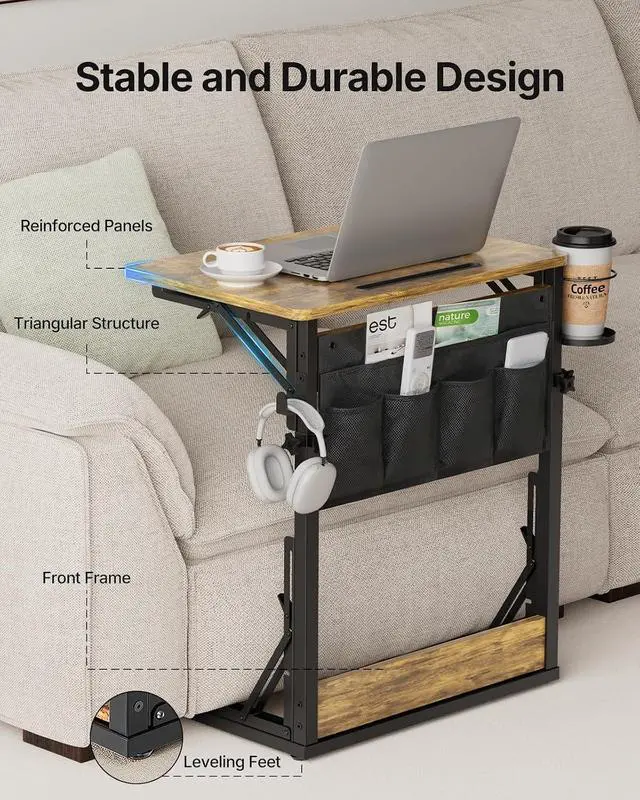 Alt view image 6 of 7 - Adjustable TV Tray Table Easy Assembly Folding Desk with Cup Holder, Storage Bag & Tablet Slot, Height Adjustable TV Tray for Bed, Couch & Living Room with Space-Saving Design