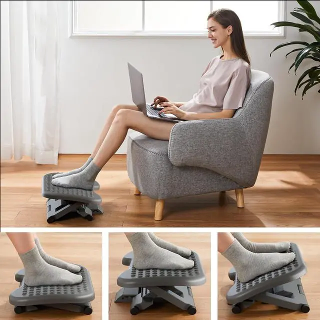 Alt view image 5 of 7 - Adjustable Desk Footrest, Foot Rest for Under Desk at Work with Massage, Adjustable Foot Stool with 3 Height Position & 30 Degree Tilt Angle Adjustment for Home, Office, Gray