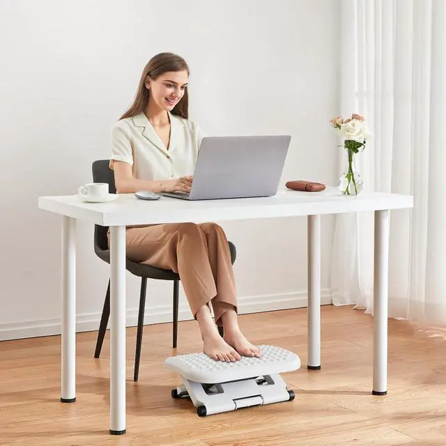 Alt view image 2 of 7 - Adjustable Desk Footrest, Foot Rest for Under Desk at Work with Massage, Adjustable Foot Stool with 3 Height Position & 30 Degree Tilt Angle Adjustment for Home, Office, White