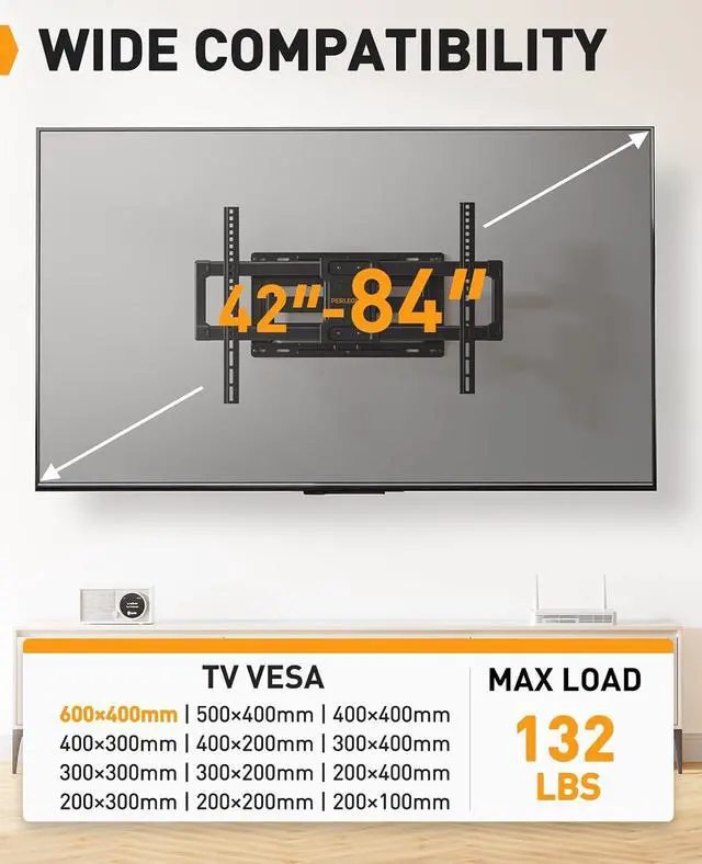 Alt view image 3 of 7 - UL Listed Full Motion TV Wall Mount for Most 4284 inch Flat Curved TVs up to 132 lbs PGLF12, Soundbar Mount with Holes/Without Holes up to 13.2 lbs PGSM03B