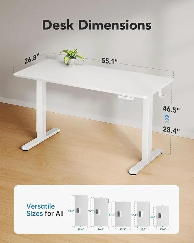 Alt view image 3 of 7 - Electric Standing Desk, Whole Piece Desktop, Adjustable Height Computer Desk, 4 Height Memory Settings, Sit Stand Up Desk for Home Office, 55" x 27", White