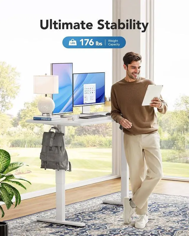 Alt view image 5 of 7 - Electric Standing Desk, Whole Piece Desktop, Adjustable Height Computer Desk, 4 Height Memory Settings, Sit Stand Up Desk for Home Office, 55" x 27", White