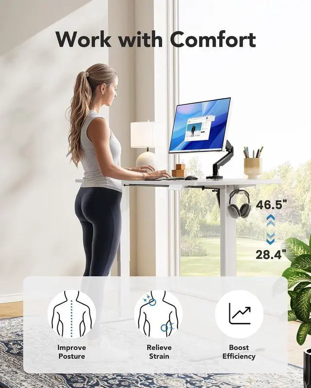 Alt view image 6 of 7 - Electric Standing Desk, Whole Piece Desktop, Adjustable Height Computer Desk, 4 Height Memory Settings, Sit Stand Up Desk for Home Office, 55" x 27", White
