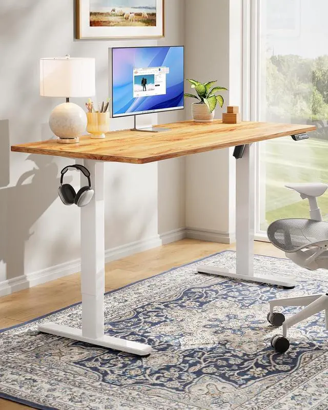 Alt view image 2 of 7 - Electric Standing Desk, Whole Piece Desktop, Adjustable Height Computer Desk, 4 Height Memory Settings, Sit Stand Up Desk for Home Office, 60" x 24", Light Vintage