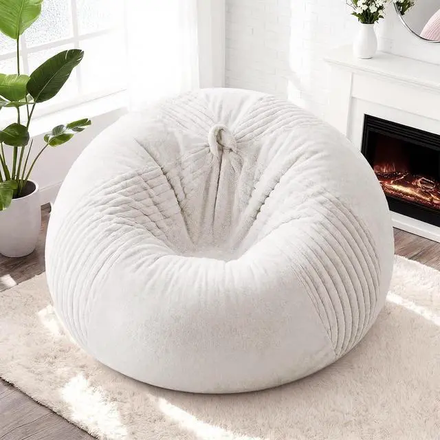 Alt view image 3 of 7 - 4FT Bean Bag Chairs Teardrop Bean Bag Chairs for Adults Beanbag Chair with Memory Foam Filled Soft Stripe Leaf alongside Plush Faux Fur Washable Cover for Dorm, Bedroom(Stripe WH)