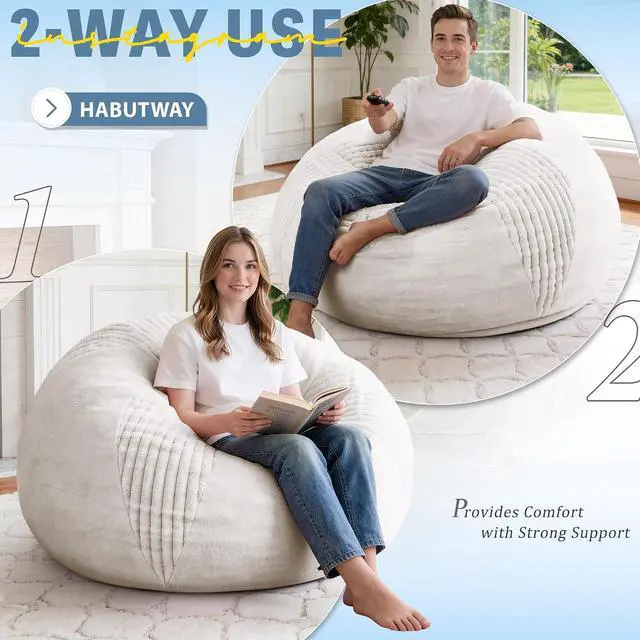Alt view image 4 of 7 - 4FT Bean Bag Chairs Teardrop Bean Bag Chairs for Adults Beanbag Chair with Memory Foam Filled Soft Stripe Leaf alongside Plush Faux Fur Washable Cover for Dorm, Bedroom(Stripe WH)