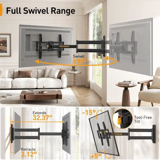 Alt view image 4 of 7 - Corner TV Wall Mount Long Arm TV Mount Bracket for 32-75 Inch TVs-Full Motion PGLF18, Soundbar Wall Mount Compatible with Sonos Arc and Sonos Arc Ultra PGSM07B