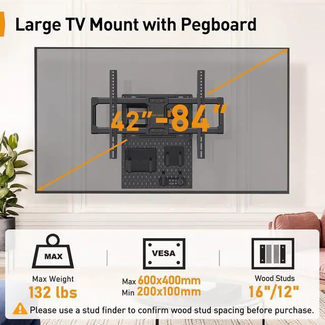 Alt view image 2 of 7 - Full Motion TV Mount with Metal Pegboard for Most 42-84 inch Flat or Curved TVs up to 132 lbs, TV Wall Mount with Swivel & Tool-Free Tilt, Max VESA 600x400mm, Fits 12/16 Wood Studs, PGLF17