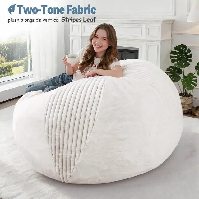 Alt view image 5 of 7 - 4FT Bean Bag Chairs Teardrop Bean Bag Chairs for Adults Beanbag Chair with Memory Foam Filled Soft Stripe Leaf alongside Plush Faux Fur Washable Cover for Dorm, Bedroom(Stripe WH)