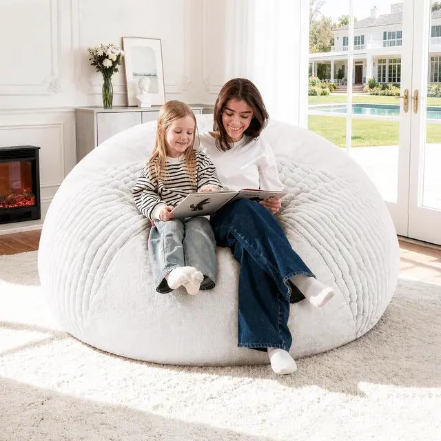 Alt view image 7 of 7 - 4FT Bean Bag Chairs Teardrop Bean Bag Chairs for Adults Beanbag Chair with Memory Foam Filled Soft Stripe Leaf alongside Plush Faux Fur Washable Cover for Dorm, Bedroom(Stripe WH)