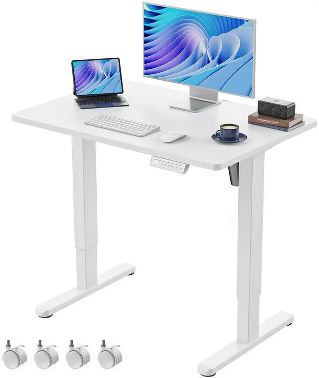Main image of Electric Small Standing Desk, Whole Piece Desktop, Adjustable Height Computer Desk, 4 Height Memory Settings, Sit Stand Up Desk for Home Office, 35" x 24", White