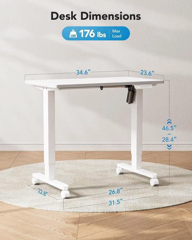 Alt view image 3 of 7 - Electric Small Standing Desk, Whole Piece Desktop, Adjustable Height Computer Desk, 4 Height Memory Settings, Sit Stand Up Desk for Home Office, 35" x 24", White