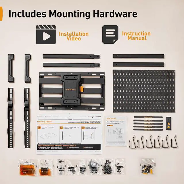 Alt view image 7 of 7 - Full Motion TV Mount with Metal Pegboard for Most 42-84 inch Flat or Curved TVs up to 132 lbs, TV Wall Mount with Swivel & Tool-Free Tilt, Max VESA 600x400mm, Fits 12/16 Wood Studs, PGLF17