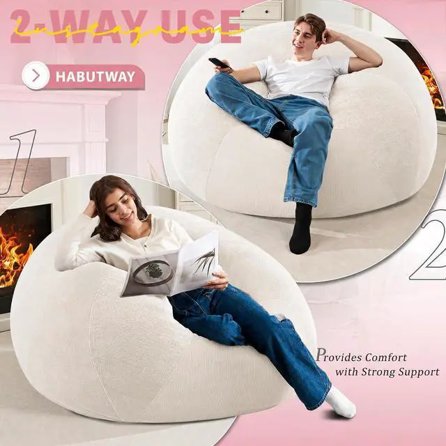Alt view image 4 of 7 - 6FT Bean Bag Chair Teardrop Bean Bag Chairs for Adults beanbag with Memory Foam Filled with Dual-Tone Unique Combination Corduroy & Luxury Distressed Velvet Washable Cover,Velvet White