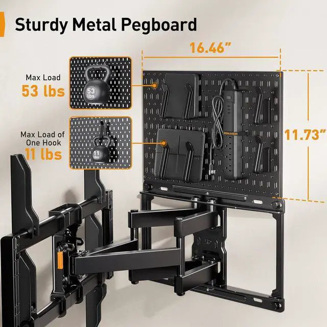 Alt view image 6 of 7 - Full Motion TV Mount with Metal Pegboard for Most 42-84 inch Flat or Curved TVs up to 132 lbs, TV Wall Mount with Swivel & Tool-Free Tilt, Max VESA 600x400mm, Fits 12/16 Wood Studs, PGLF17