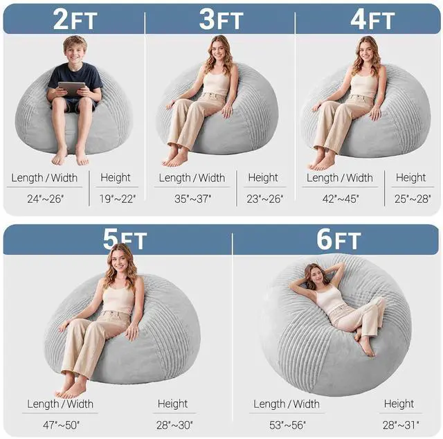 Alt view image 2 of 7 - 6FT Bean Bag Chairs Teardrop Bean Bag Chairs for Adults Beanbag Chair with Memory Foam Filled Soft Stripe Leaf alongside Plush Faux Fur Washable Cover for Dorm, Bedroom(Stripe LGY)