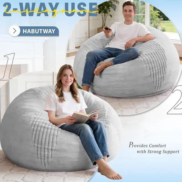 Alt view image 4 of 7 - 6FT Bean Bag Chairs Teardrop Bean Bag Chairs for Adults Beanbag Chair with Memory Foam Filled Soft Stripe Leaf alongside Plush Faux Fur Washable Cover for Dorm, Bedroom(Stripe LGY)