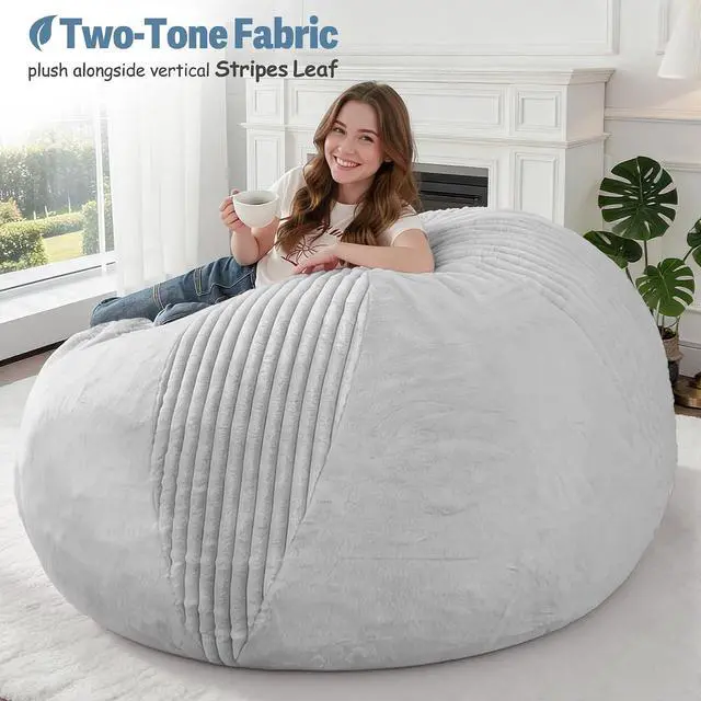 Alt view image 5 of 7 - 6FT Bean Bag Chairs Teardrop Bean Bag Chairs for Adults Beanbag Chair with Memory Foam Filled Soft Stripe Leaf alongside Plush Faux Fur Washable Cover for Dorm, Bedroom(Stripe LGY)