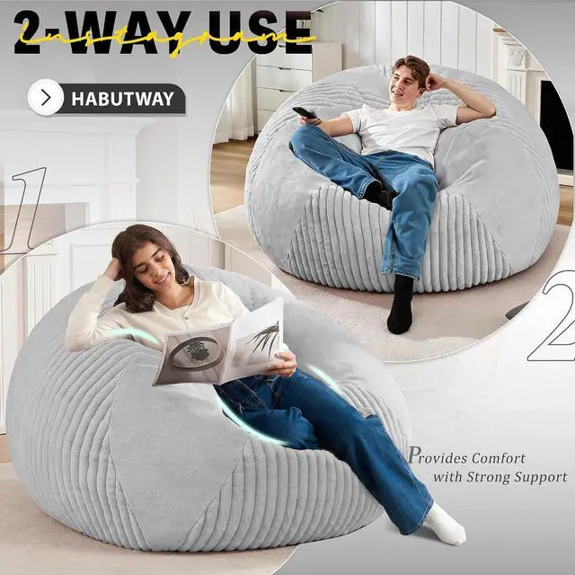 Alt view image 4 of 7 - 5FT Bean Bag Chairs Teardrop Bean Bag Chairs for Adults Beanbag Chair with Memory Foam Filled Soft Plush Leaf alongside Stripe Faux Fur Washable Cover for Dorm, Bedroom(Plush LGY)