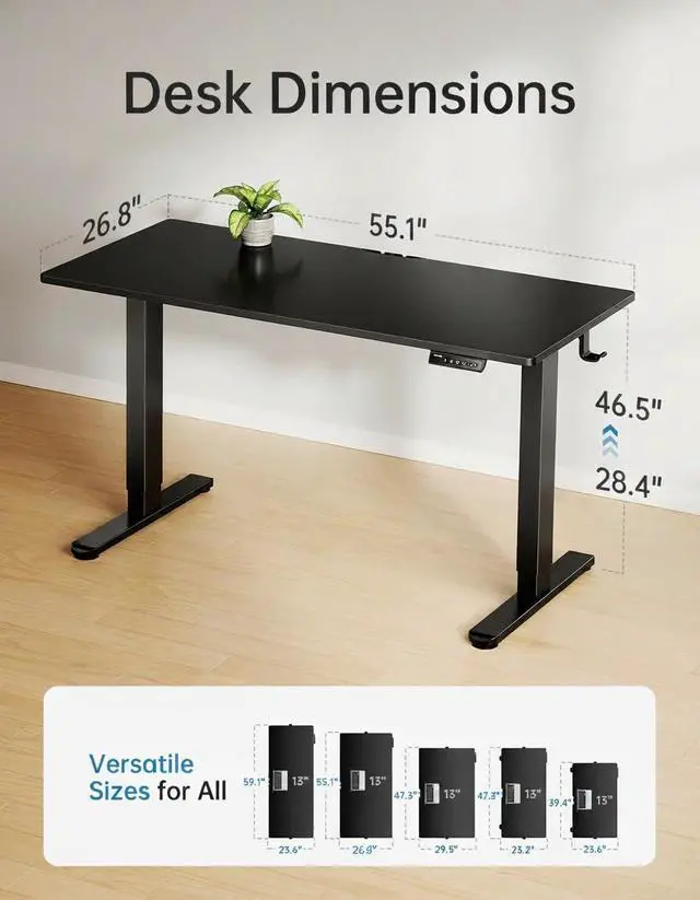 Alt view image 3 of 7 - Electric Standing Desk, Whole Piece Desktop, Adjustable Height Computer Desk, 4 Height Memory Settings, Sit Stand Up Desk for Home Office, 55" x 27", Black
