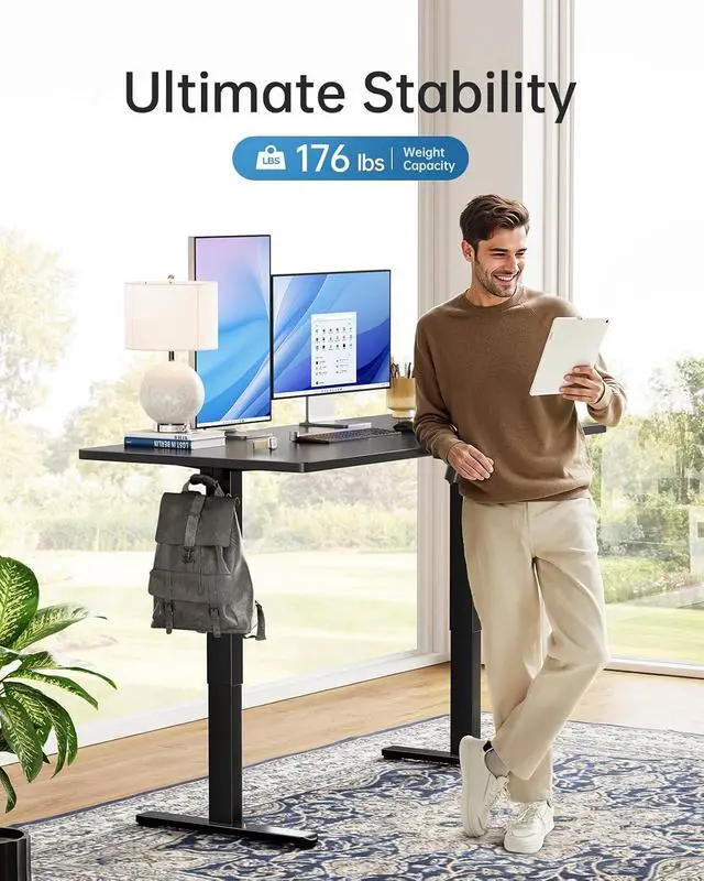 Alt view image 5 of 7 - Electric Standing Desk, Whole Piece Desktop, Adjustable Height Computer Desk, 4 Height Memory Settings, Sit Stand Up Desk for Home Office, 55" x 27", Black