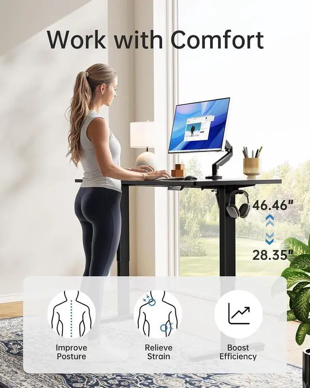 Alt view image 6 of 7 - Electric Standing Desk, Whole Piece Desktop, Adjustable Height Computer Desk, 4 Height Memory Settings, Sit Stand Up Desk for Home Office, 55" x 27", Black