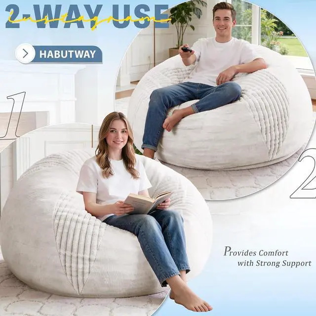 Alt view image 4 of 7 - 6FT Bean Bag Chairs Teardrop Bean Bag Chairs for Adults Beanbag Chair with Memory Foam Filled Soft Stripe Leaf alongside Plush Faux Fur Washable Cover for Dorm, Bedroom(Stripe WH)