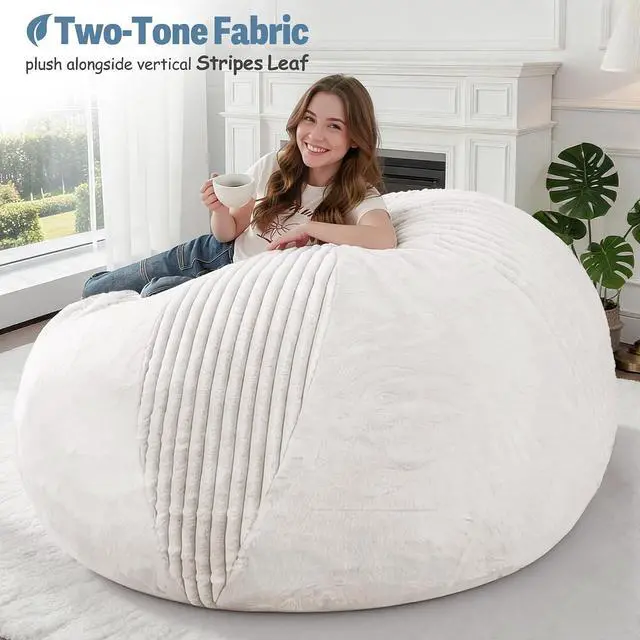 Alt view image 5 of 7 - 6FT Bean Bag Chairs Teardrop Bean Bag Chairs for Adults Beanbag Chair with Memory Foam Filled Soft Stripe Leaf alongside Plush Faux Fur Washable Cover for Dorm, Bedroom(Stripe WH)