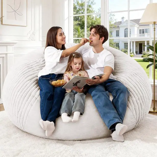 Alt view image 7 of 7 - 6FT Bean Bag Chairs Teardrop Bean Bag Chairs for Adults Beanbag Chair with Memory Foam Filled Soft Stripe Leaf alongside Plush Faux Fur Washable Cover for Dorm, Bedroom(Stripe WH)