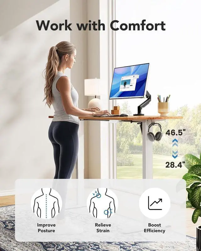 Alt view image 6 of 7 - Electric Standing Desk, Whole Piece Desktop, Adjustable Height Computer Desk, 4 Height Memory Settings, Sit Stand Up Desk for Home Office, 48" x 30", Light Vintage