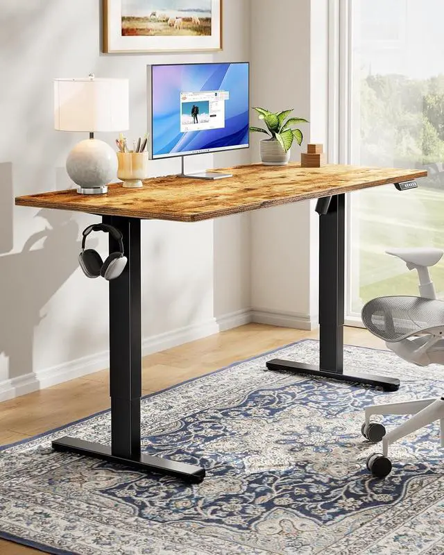 Alt view image 2 of 7 - Electric Standing Desk, Whole Piece Desktop, Adjustable Height Computer Desk, 4 Height Memory Settings, Sit Stand Up Desk for Home Office, 60" x 24", Vintage