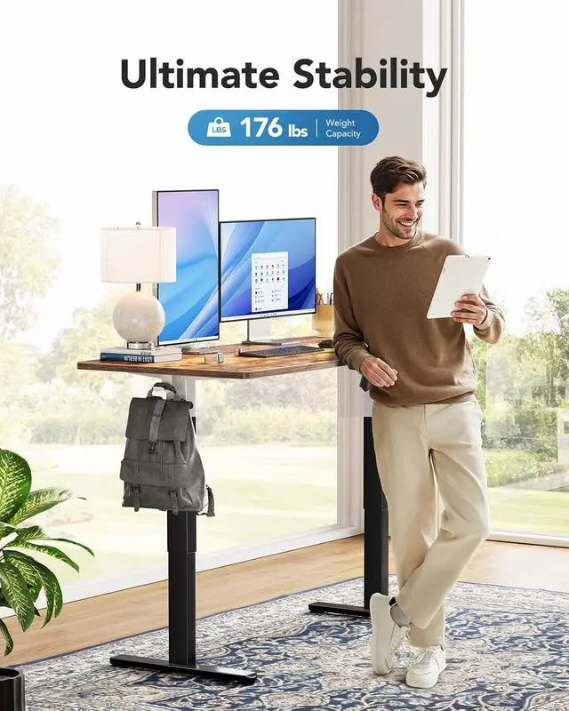Alt view image 4 of 7 - Electric Standing Desk, Whole Piece Desktop, Adjustable Height Computer Desk, 4 Height Memory Settings, Sit Stand Up Desk for Home Office, 60" x 24", Vintage