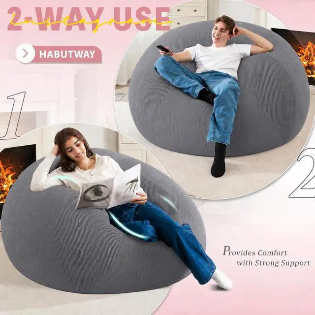 Alt view image 4 of 7 - 4FT Bean Bag Chair Teardrop Bean Bag Chairs for Adults beanbag with Memory Foam Filled with Dual-Tone Unique Combination Corduroy & Luxury Distressed Velvet Washable Cover,Velvet Dark Grey