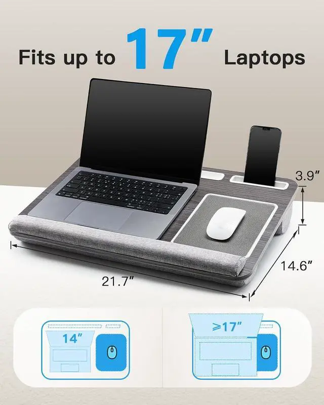 Alt view image 3 of 7 - Lap Desk - Fits up to 17 inches Laptop Desk, Built in Mouse Pad & Wrist Pad for Notebook, Laptop, Tablet, Lap Stand with Tablet, Pen & Phone Holder, Black Woodgrain