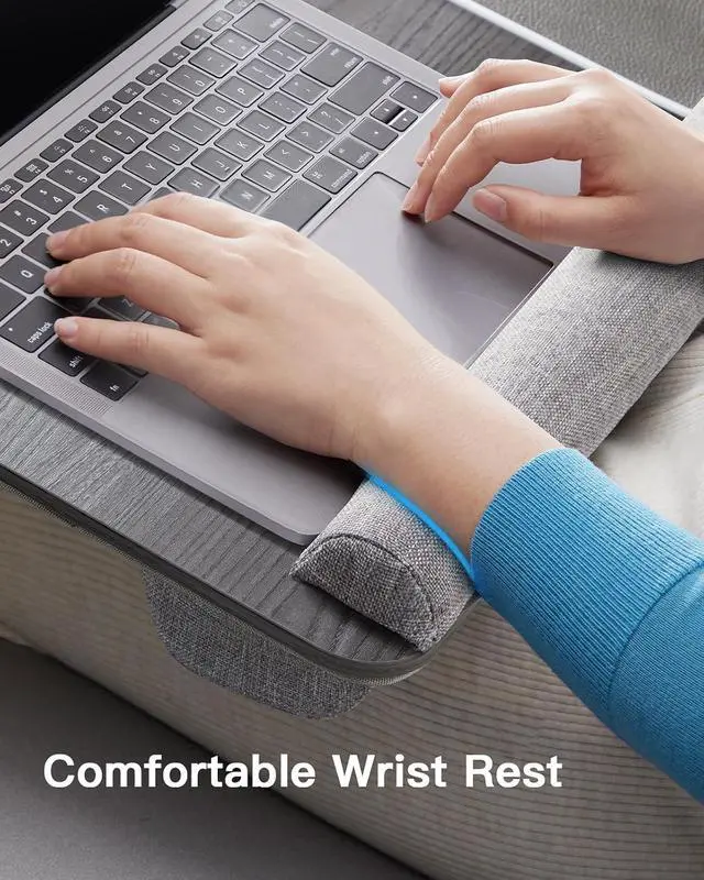 Alt view image 4 of 7 - Lap Desk - Fits up to 17 inches Laptop Desk, Built in Mouse Pad & Wrist Pad for Notebook, Laptop, Tablet, Lap Stand with Tablet, Pen & Phone Holder, Black Woodgrain