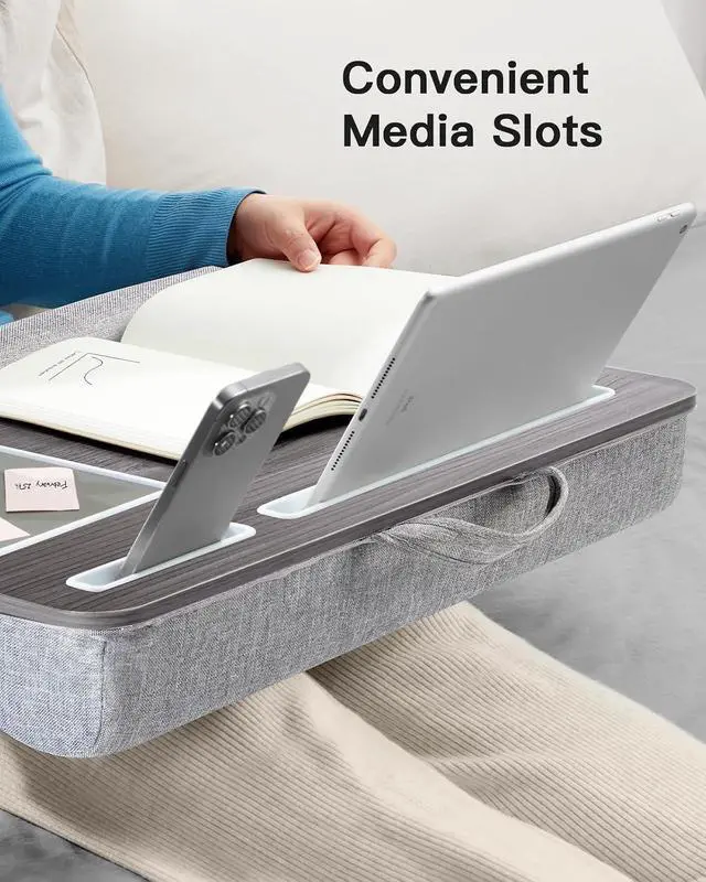 Alt view image 5 of 7 - Lap Desk - Fits up to 17 inches Laptop Desk, Built in Mouse Pad & Wrist Pad for Notebook, Laptop, Tablet, Lap Stand with Tablet, Pen & Phone Holder, Black Woodgrain
