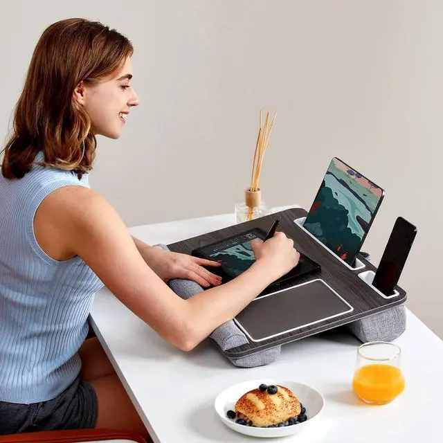 Alt view image 6 of 7 - Lap Desk - Fits up to 17 inches Laptop Desk, Built in Mouse Pad & Wrist Pad for Notebook, Laptop, Tablet, Lap Stand with Tablet, Pen & Phone Holder, Black Woodgrain