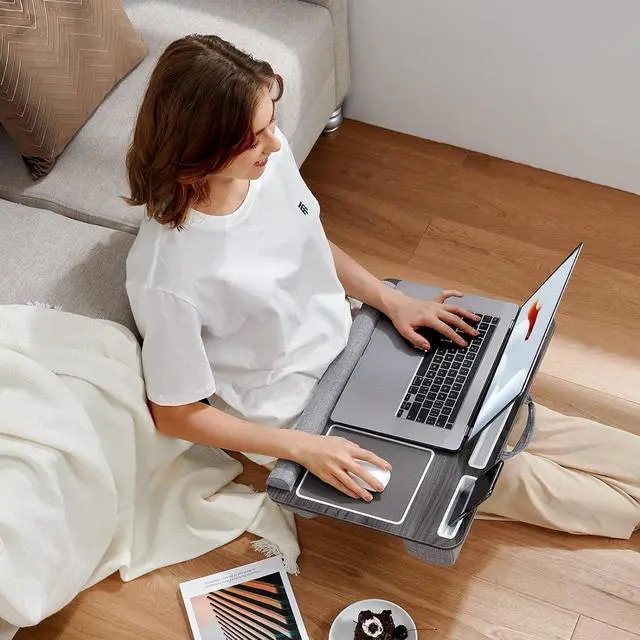 Alt view image 7 of 7 - Lap Desk - Fits up to 17 inches Laptop Desk, Built in Mouse Pad & Wrist Pad for Notebook, Laptop, Tablet, Lap Stand with Tablet, Pen & Phone Holder, Black Woodgrain