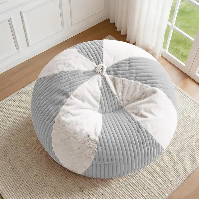 Alt view image 3 of 7 - 5FT Bean Bag Chairs Teardrop Bean Bag Chairs for Adults Beanbag Chair with Memory Foam Filled Soft Plush Leaf alongside Stripe Faux Fur Washable Cover for Dorm, Bedroom(Plush LGY/WH)