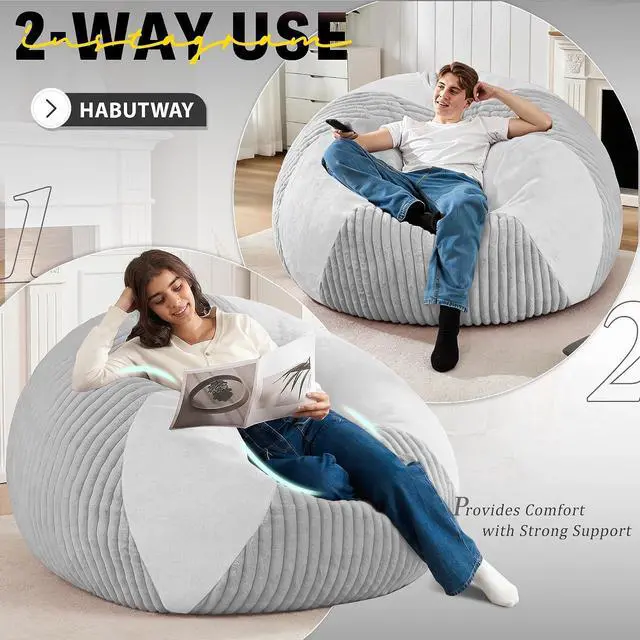 Alt view image 4 of 7 - 5FT Bean Bag Chairs Teardrop Bean Bag Chairs for Adults Beanbag Chair with Memory Foam Filled Soft Plush Leaf alongside Stripe Faux Fur Washable Cover for Dorm, Bedroom(Plush LGY/WH)